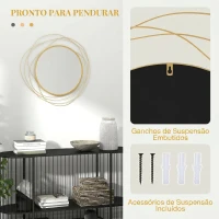 HOMCOM Espelho Decorativo de Parede Adorno de Parede Metálico Ø65 cm com Ganchos para Sala de Estar Quarto Corredor Dourado(m-5)