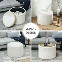 HOMCOM Opbergkruk met Ruimte, Rond, Voetensteun, Corduroy, MDF, Crèmewit(m-6)
