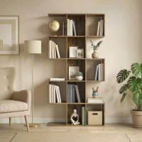 HOMCOM 5-Tier Bookshelf, S Shaped Geometric Bookcase with 15 Compartments, Rustic Brown(m-10)