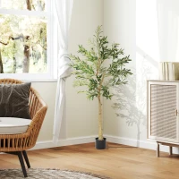 HOMCOM Plantă Artificială de Măslin Înaltă 150 cm, Arbore Fals cu 720 de Frunze și 32 de Măsline, Vas Inclus(m-2)
