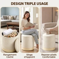 HOMCOM Pouf coffre rangement, tabouret rond en chenille, pouf repose-pieds avec base en métal effet bois, beige(m-4)