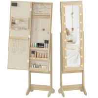 HOMCOM Espelho Joalheiro com Luzes LED Armário para Joias com Ângulo Ajustável Prateleiras Ranuras para Anéis 36x30x136 cm Madeira(m-11)