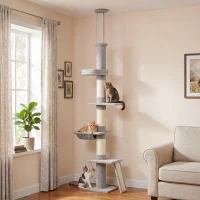 PawHut Arbre à chat du sol au plafond hauteur 230-260 cm, 3 poteaux griffoirs, hamac, en peluche, Gris clair(m-2)