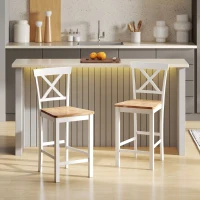 HOMCOM 2-delige Set Barstoelen met Rugleuning en Voetsteun, Rubberwood, voor Keuken, Eetkamer, Bar, Eiken + Wit(m-2)