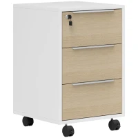HOMCOM Schedario da Ufficio con 3 Cassetti, 4 Ruote, Cassettiera Ufficio con Serratura e 2 Chiavi, Bianco e Rovere(m-1)