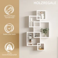 HOMCOM wandplank wandplank 5 in elkaar grijpende kubussen 9 vakken dennenhout wit(m-7)