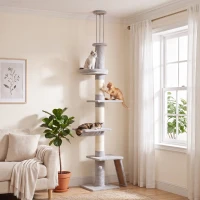 PawHut Arbre à chat du sol au plafond hauteur 230-260 cm, 3 poteaux griffoirs, hamac, en peluche, Gris clair(m-4)