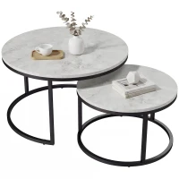 HOMCOM Set 2 Tavolini da Caffè Sovrapponibili Rotondi in Metallo e MDF Effetto Marmo, Grigio e Nero(m-11)