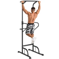 HOMCOM Power Tower Dip Station, Barre de traction, Barre de dips, Hauteur Réglable, Poignées en Forme U, 98x102x180-212cm, Noir(m-11)