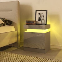 HOMCOM Grey Bedside Table with LED Light, High Gloss Front Nightstand with 2 Drawers, for Living Room, Bedroom(m-10)