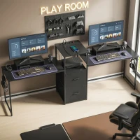 HOMCOM Mesa Gaming Doble de 244 cm con Estación de Carga Puertos USB Soportes para Monitor Cajones de Tela Negro(m-10)