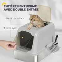 PawHut Maison de Toilette pour Chat Bac à Litière Fermé Bac Acier Inoxydable, Nettoyage Facile, 60,4x40,4x41,8cm, Gris Clair(m-5)