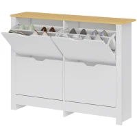 HOMCOM Smalle Schoenenkast met 4 Klapvakken voor 8–16 Paar Schoenen, 105 x 26 x 80 cm, Wit + Natuurlijk hout(m-14)