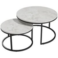 HOMCOM Set 2 Tavolini da Caffè Sovrapponibili Rotondi in Metallo e MDF Effetto Marmo, Grigio e Nero(m-1)