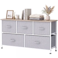 HOMCOM Cómoda com 5 Gavetas de Tecido Cómoda para Quarto Estrutura Metálica 100x30x54 cm Cinzento(m-11)