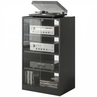 HOMCOM 4-Tier Hi-Fi Stand,  Record Player Stand with Adjustable Shelves and Push-to-Open Glass Doors, Black Wood-Effect(m-11)