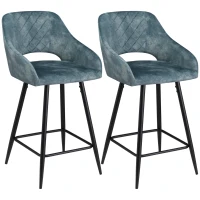 HOMCOM Bar Stools Set of 2, Velvet-Touch Fabric Counter Height Bar Chairs, Kitchen Stools with Steel Legs for Dining Area, Kitchen Island Barstools, Blue(m-10)