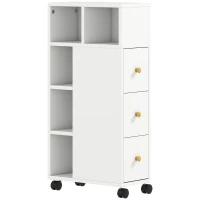 HOMCOM Smalle badkamerkast, badkast met 4 wielen, 3 lades, 5 open vakken, 20x40x80cm, Wit(m-1)