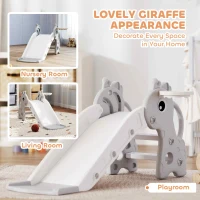 AIYAPLAY 3 in 1 Kids Slide with Climber, Basketball Hoop and Ball, Giraffe Shape Climber Slide for Indoor Kids Age 1-3, Grey(m-5)