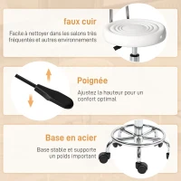 HOMCOM Tabouret à roulettes, tabouret de massage avec hauteur réglable 70-86 cm et dossier, pivotant 360°, blanc(m-6)