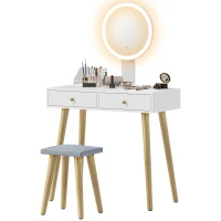 HOMCOM Coiffeuse avec miroir LED à luminosité et 3 couleurs réglable, tabouret rembourré, 2 tiroirs et organisateur, blanc(m-12)