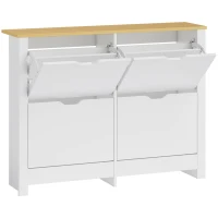 HOMCOM Smalle Schoenenkast met 4 Klapvakken voor 8–16 Paar Schoenen, 105 x 26 x 80 cm, Wit + Natuurlijk hout(m-1)