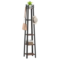 HOMCOM Garderobenständer mit 4 Ebenen, freistehender Kleiderständer, 8 Haken, 4 Regale, Industrie-Stil, Metall, Spanplatte, Braun(m-12)