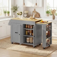HOMCOM Isla de Cocina con Ruedas Encimera Extensible 4 Puertas Estantes Ajustables Especiero y Soporte para Toallas Gris(m-10)