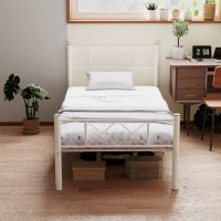 HOMCOM Eenpersoonsbedframe met Hoog Hoofdeinde, Eenvoudige Montage, Opbergruimte onder het Bed, Staal, Wit(m-7)