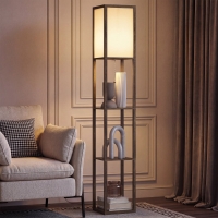 HOMCOM 3-Tier Floor Lamp with Shelves and Storage, Modern Corner Standing Lamp with Lampshade, Foot Switch for Living Room, Bedroom, Home Office, Bulb not Included, Brown