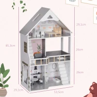 AIYAPLAY poppenhuis, 3-laags houten speelhuis met 13 meubels en trap, 85,3 cm hoog, speelgoedcadeau voor meisjes van 3-6 jaar, grijs(m-3)