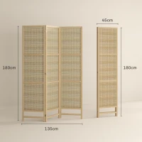 HOMCOM Driedelige, Opvouwbare Kamerscherm, 180 cm Vrijstaande Scheidingswand met Handgeweven Design voor Thuis, Natuur(m-3)