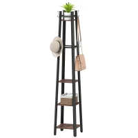 HOMCOM Garderobenständer mit 4 Ebenen, freistehender Kleiderständer, 8 Haken, 4 Regale, Industrie-Stil, Metall, Spanplatte, Braun(m-11)
