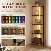 HOMCOM Boekenkast 5-laags Hoekkast met LED-verlichting voor woonkamer, slaapkamer, kantoor, Rustiek bruin(m-4)