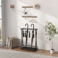 Suport de Umbrele HOMCOM cu Tavă pentru Apa, 21 de Orificii și 24 de Cârlige pentru Umbrelă, din Oțel, 50x24x68 cm, Negru(m-7)