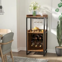 HOMCOM Casier à vin design industriel étagère à bouteilles 9 bouteilles support verres à vin intégré métal noir aspect vieux bois veinage, 52 x 40 x 113 cm, marron(m-9)