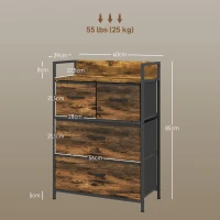 HOMCOM Ladekast, Dressoir, 4 Stoffen Laden, Industrieel Ontwerp, 60x29x85cm, Bruin/Zwart(m-3)