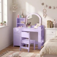 AIYAPLAY Kids Vanity Table and Chair Set, Kids Vanity Table with 2-Colour LED Mirror, Stool, Cabinet, Drawer, Shelves, Purple(m-9)