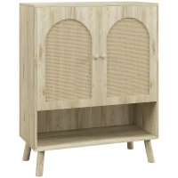 HOMCOM Mobile Multiuso in Stile Boho con Ante in Rattan e Ripiano Aperto, 80x38x100cm, Rovere(m-1)