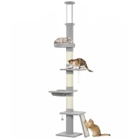 PawHut Arbre à chat du sol au plafond hauteur 230-260 cm, 3 poteaux griffoirs, hamac, en peluche, Gris clair(m-6)