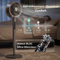 HOMCOM Ventilateur sur pied silencieux 20 dB, oscillation automatique 70°+90°, 12 vitesses, lumière LED et minuterie 12H(m-5)