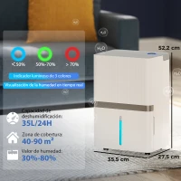 HOMCOM Deshumidificador 35L/Día para 40-90 ㎡ Luz Indicador de Humedad Depósito 5,5 Litros Drenaje Continuo Temporizador 24H(m-3)