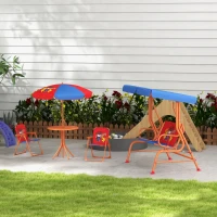 Outsunny 4 Piece Kids Garden Furniture Set with Adjustable Canopy, Cowboy Themed, Kids Garden Table and Chair Set and Double Seat Swing Chair for Patio Park Porch, for Ages 3-6 Years - Red and Blue(m-2)