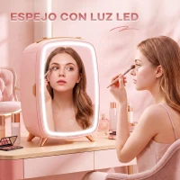 HOMCOM Nevera para Cosméticos Pequeña con 6L Capacidad con Puerta con Espejo y Luces LED Ajustables 24,3x19,4x35,6 cm Rosa(m-4)