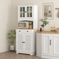 HOMCOM Keukenkast met glazen deuren, 2 lades, servieskast, eetkamerkast, hout, 68 x 39,5 x 170 cm, Wit(m-2)
