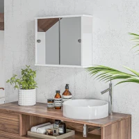kleankin Armário Casa de Banho com Espelho Prateleira Ajustável e Porta de Correr Dupla com Espelho 55x15x45 cm Branco Brilhante(m-10)