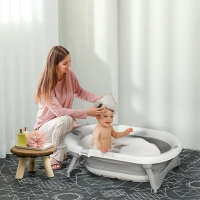 HOMCOM Foldable Baby Bathtub Set, Collapsible Bath Tub with Thermostatic Water Plug, Non-Slip Support, Cushion Pad, Drain Plugs, for Newborn to 3 Years - Offwhite(m-2)