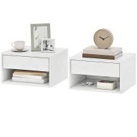 HOMCOM Juego de 2 Mesitas de Noche Flotantes Mesillas de Noche con Cajón y Estante Abierto 37x32x21 cm Blanco Brillante(m-11)