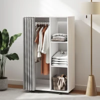 HOMCOM Armario Ropero con Ruedas Cortina Barra para Colgar 3 Estantes Abiertos para Dormitorio 80x40x128 cm Blanco(m-7)