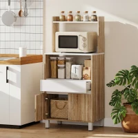 HOMCOM Meuble Micro-Ondes, Buffet Cuisine avec Tiroir, 2 Portes à Fermeture Douce, Plan de Travail et Étagères Ouvertes, Chêne(m-13)